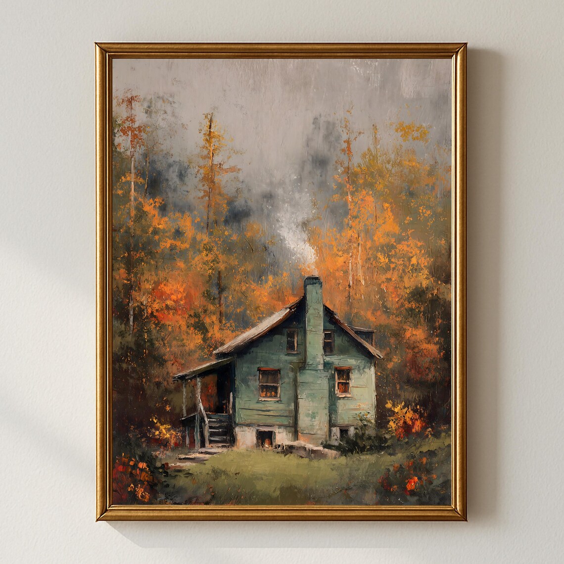 Vintage Autumn Cabin Wall Art Rustic Cottage In Forest Landscape Cozy Farmhouse Fall Decor