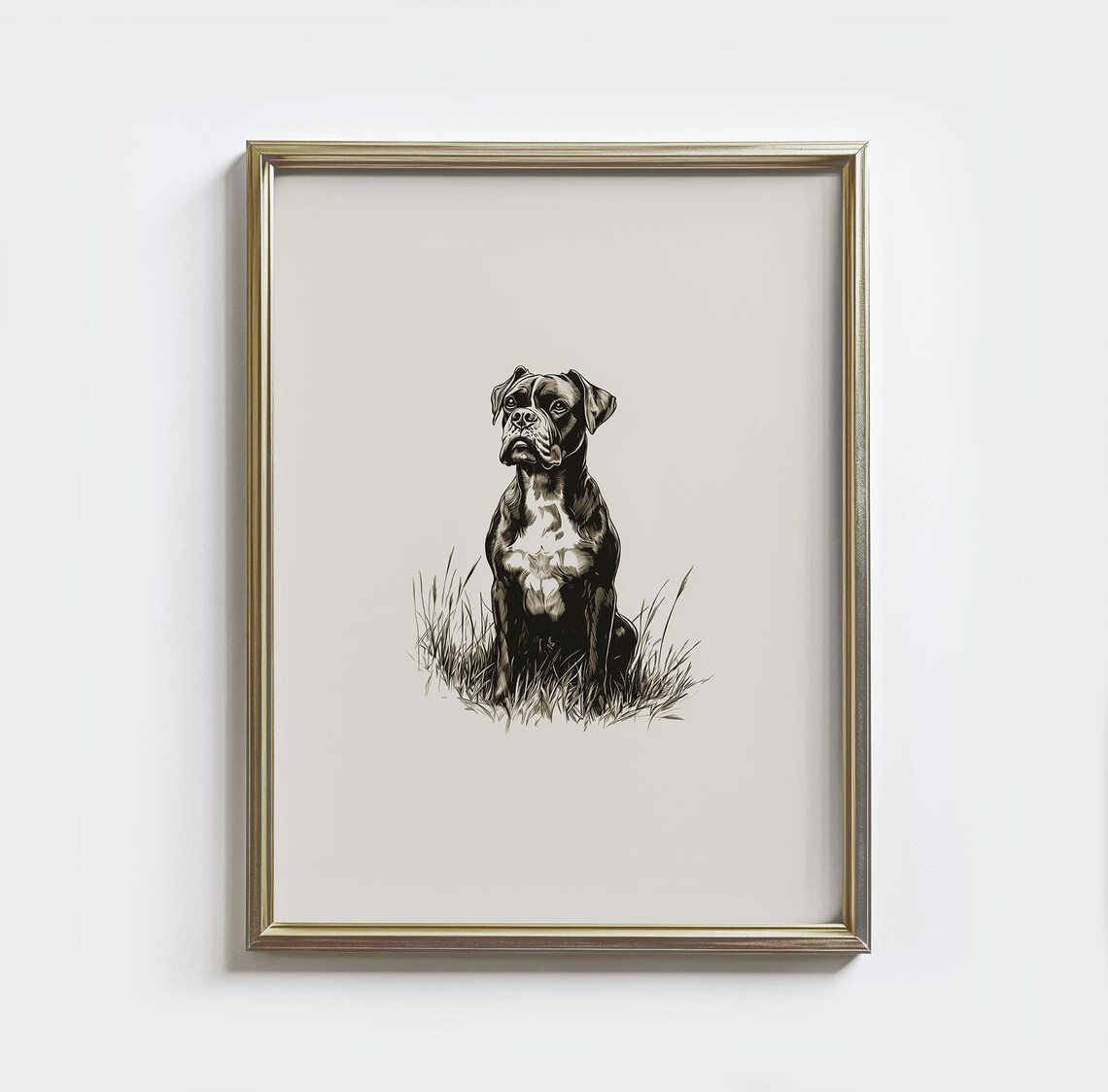 Boxer Dog Sketch Sitting in Grass Vintage Style Minimalist Pet Poster