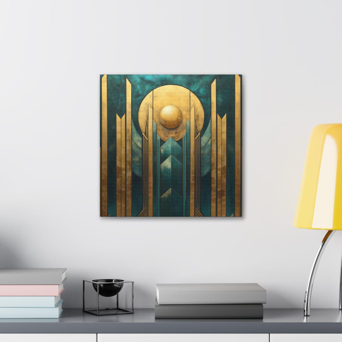 Golden Sun Over Teal Art Deco Skyscrapers Geometric Wall Art - Image 2