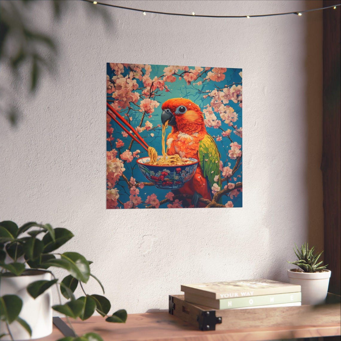 Red Parrot Noodle Bowl Blossom Branch Vibrant Bird Art Wall Print