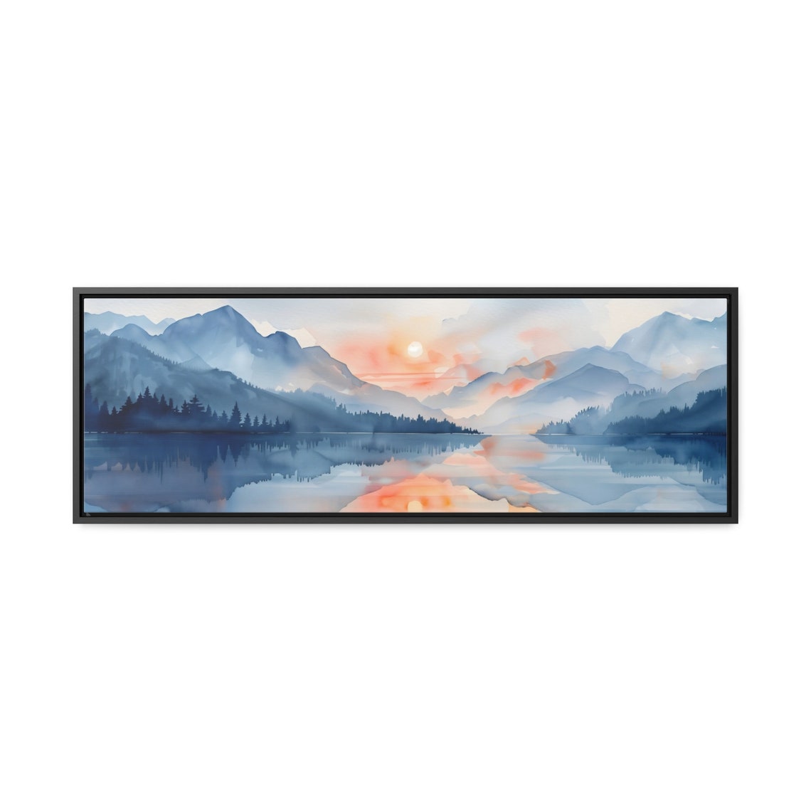 Watercolor Mountain Lake Sunrise Panoramic Reflections Poster