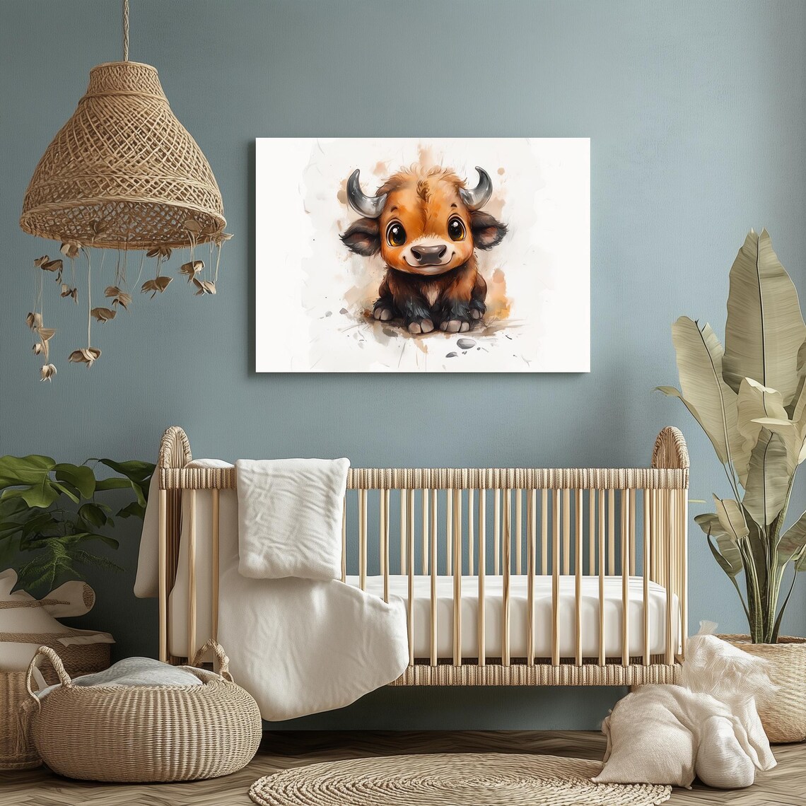 Cute Baby Buffalo Watercolor Nursery Art Sweet Animal Wall Art