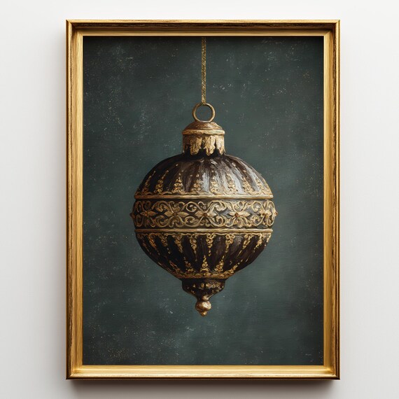 Vintage Dark Christmas Ornament with Gold Filigree Holiday Poster