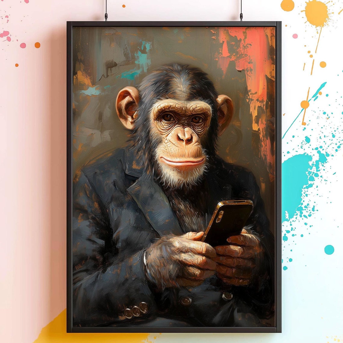 Monkey On Mobile Cell Phone Art Print Vintage Oil Painting Quirky Wildlife Wall Decor
