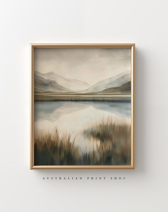 Mountain Lake Landscape Painting Lake Front Print Cottage Wall Decor Neutral Calming Painting