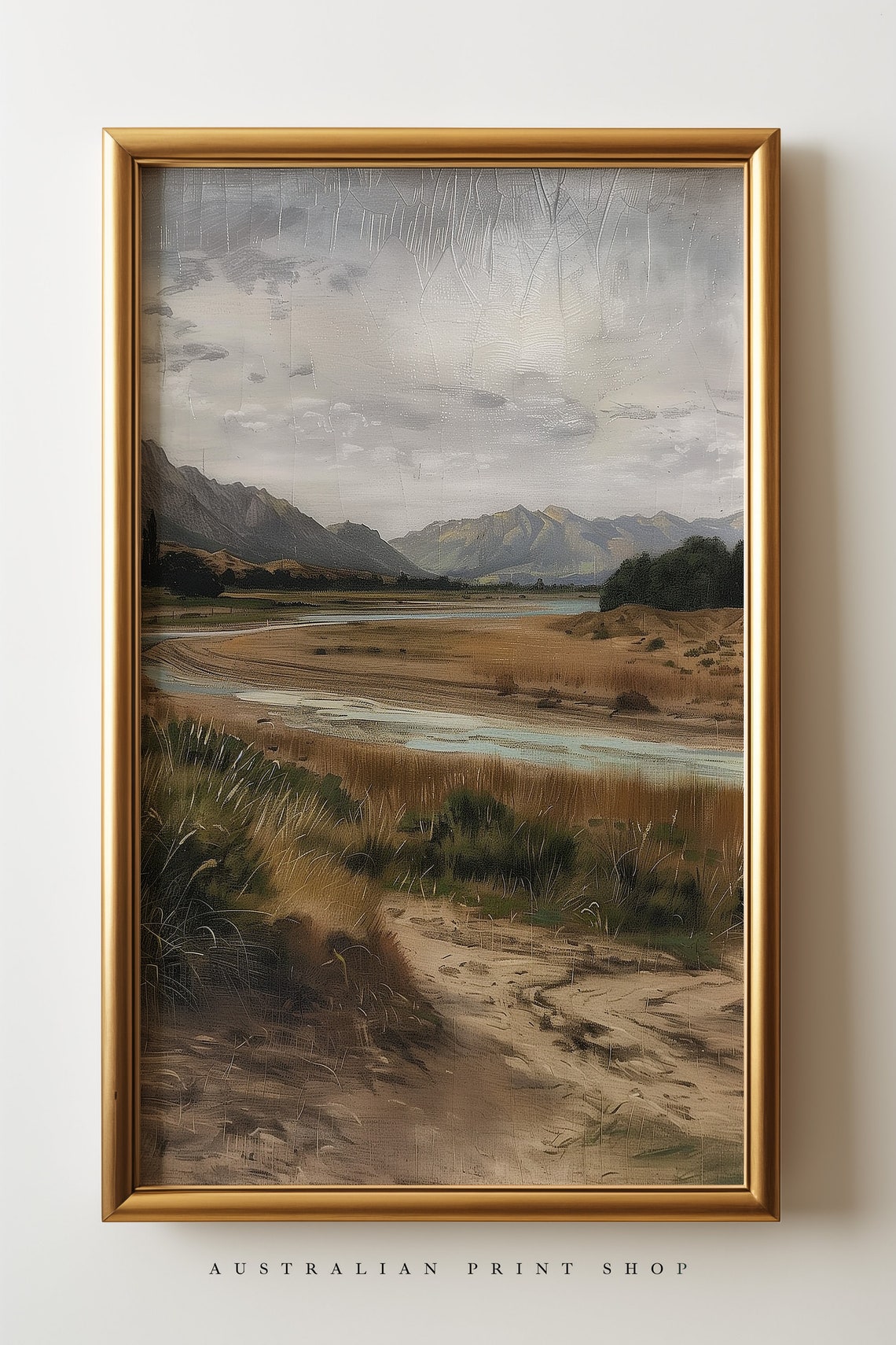 Vintage Rustic Countryside Painting Muted Landscape Print Moody Living Room Decor Neutral Farmhouse Wall Art - Image 2