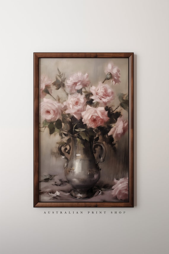 Vintage Pink Rose Oil Painting Neutral Moody Flower Print Wall Art Rose Flower Wall Decor