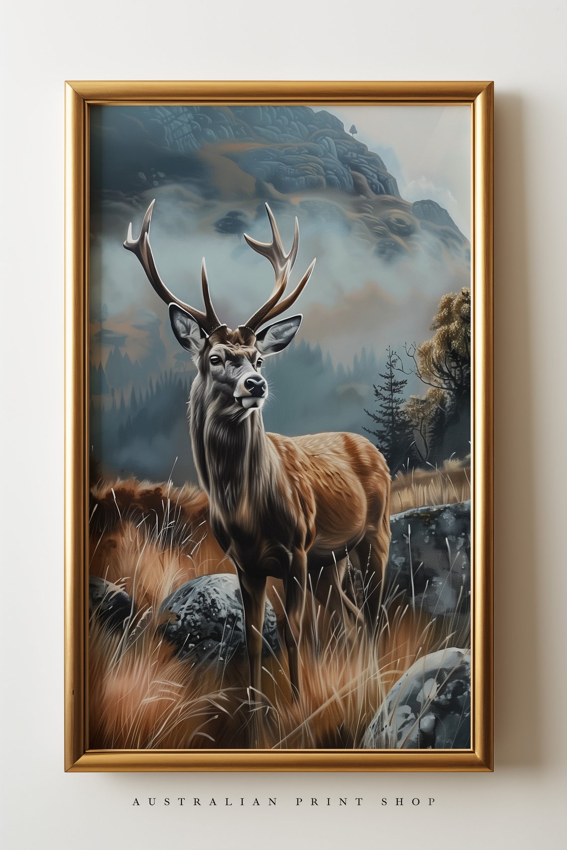 Vintage Red Deer Painting Nostalgic Charm Countryside Landscape Wall Art Farmhouse Decor Moody Print - Image 6
