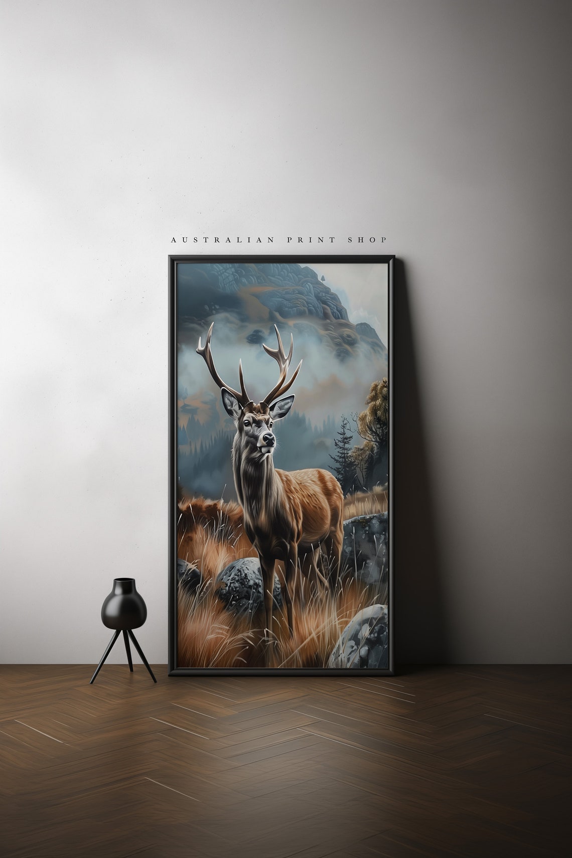 Vintage Red Deer Painting Nostalgic Charm Countryside Landscape Wall Art Farmhouse Decor Moody Print - Image 4