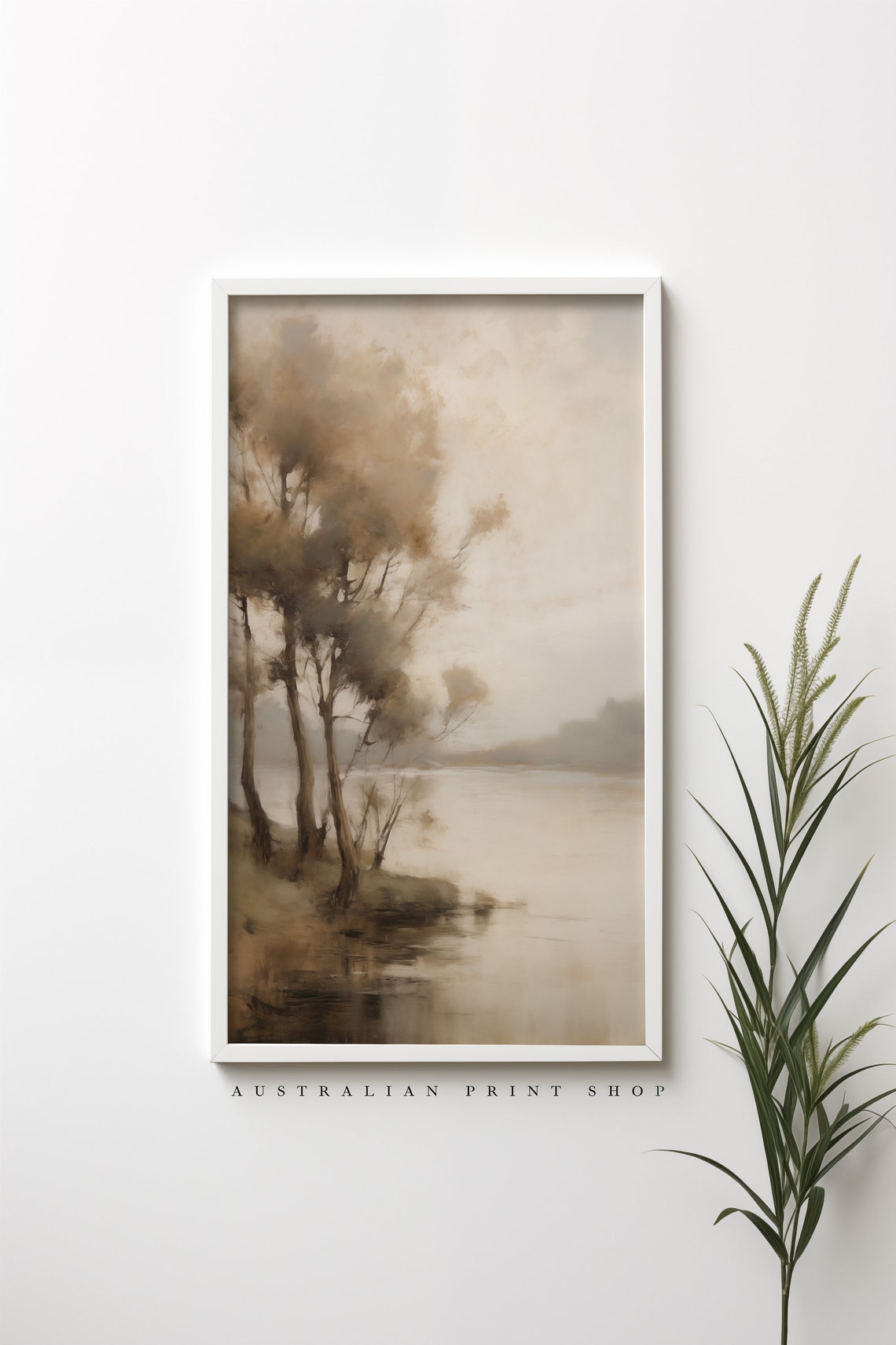 Vintage River Landscape Oil Painting Neutral Toned Wall Art Muted Art - Image 5
