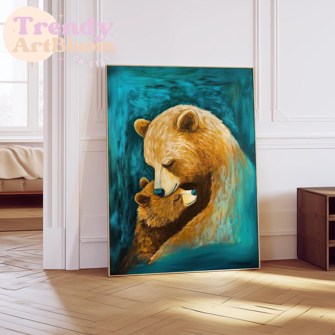 Tender Mama Bear Embracing Her Cub on Deep Teal Background Poster