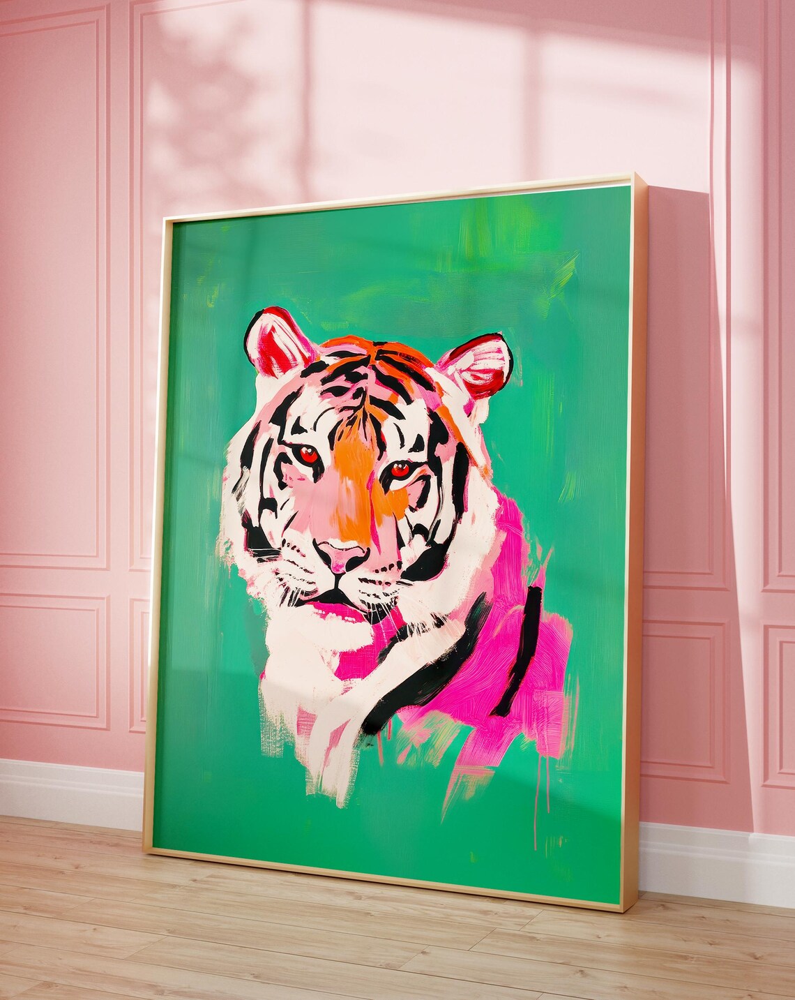 Bold Tiger Face Portrait Hot Pink Emerald Green Pop Art Poster