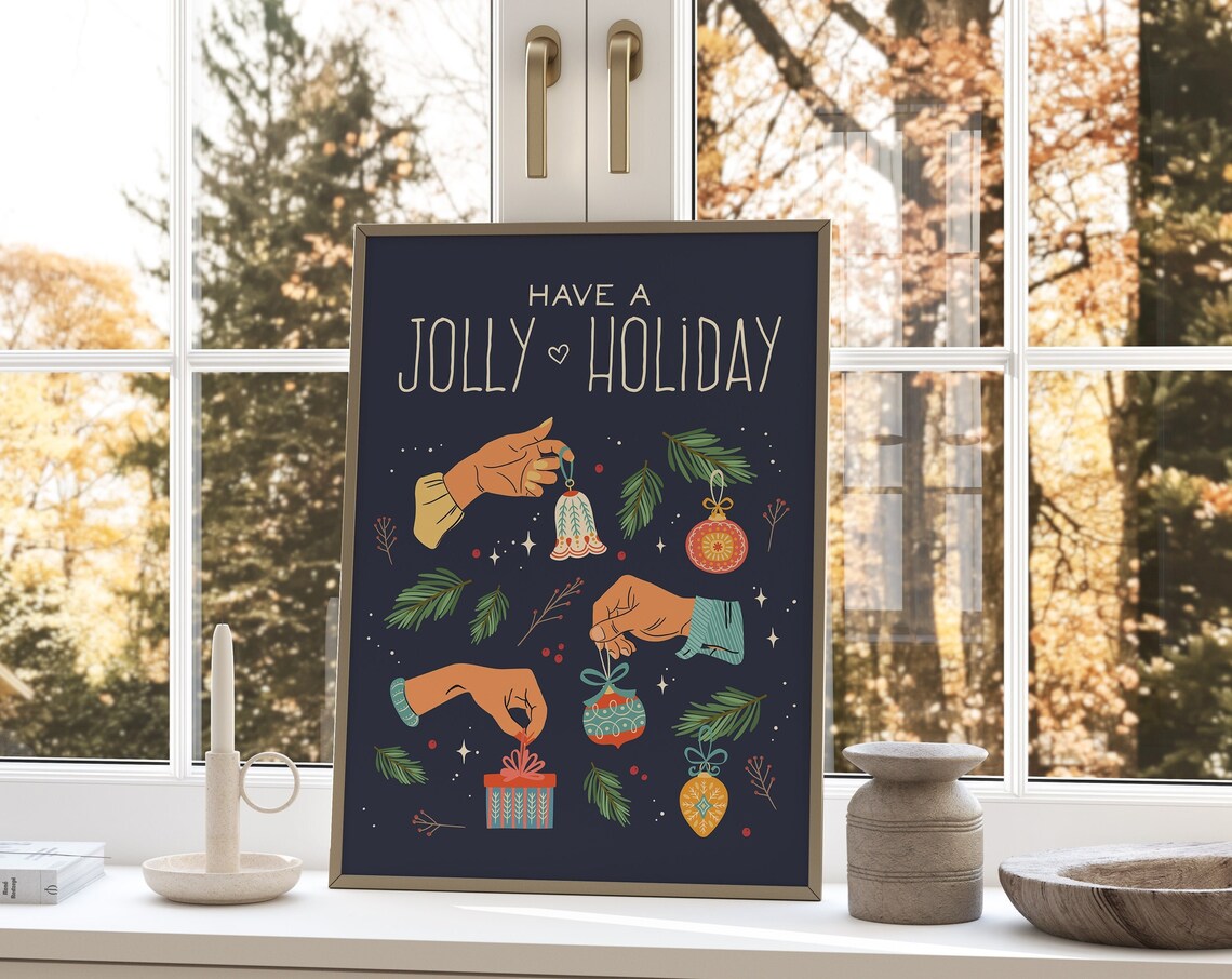 Have A Jolly Holiday Hands Hanging Bright Ornaments Navy Wall Art