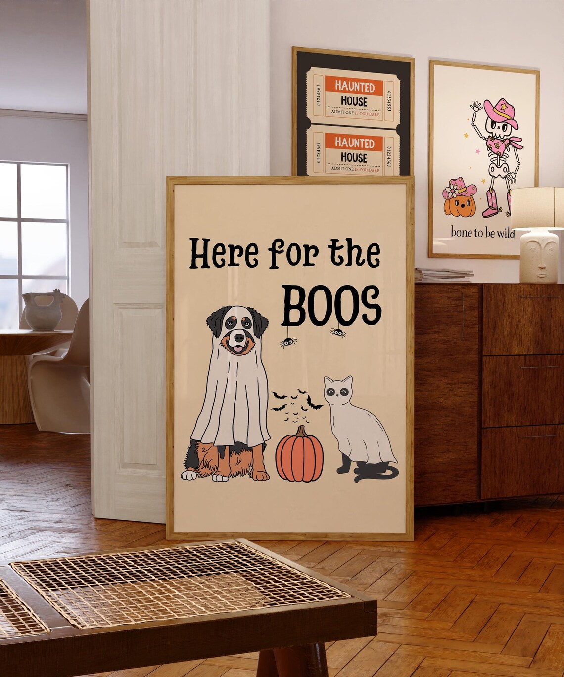 Here For The Boos Vintage Halloween Cat Ghost Art Print - Image 4