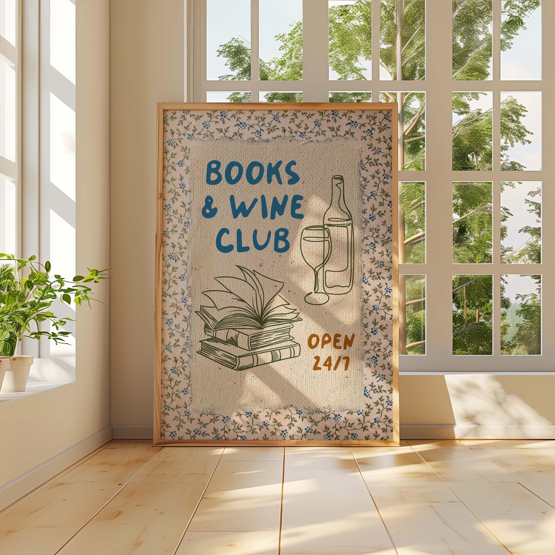 Blue Books and Wine Club Open 24/7 Floral Vintage Reading Poster - Image 2