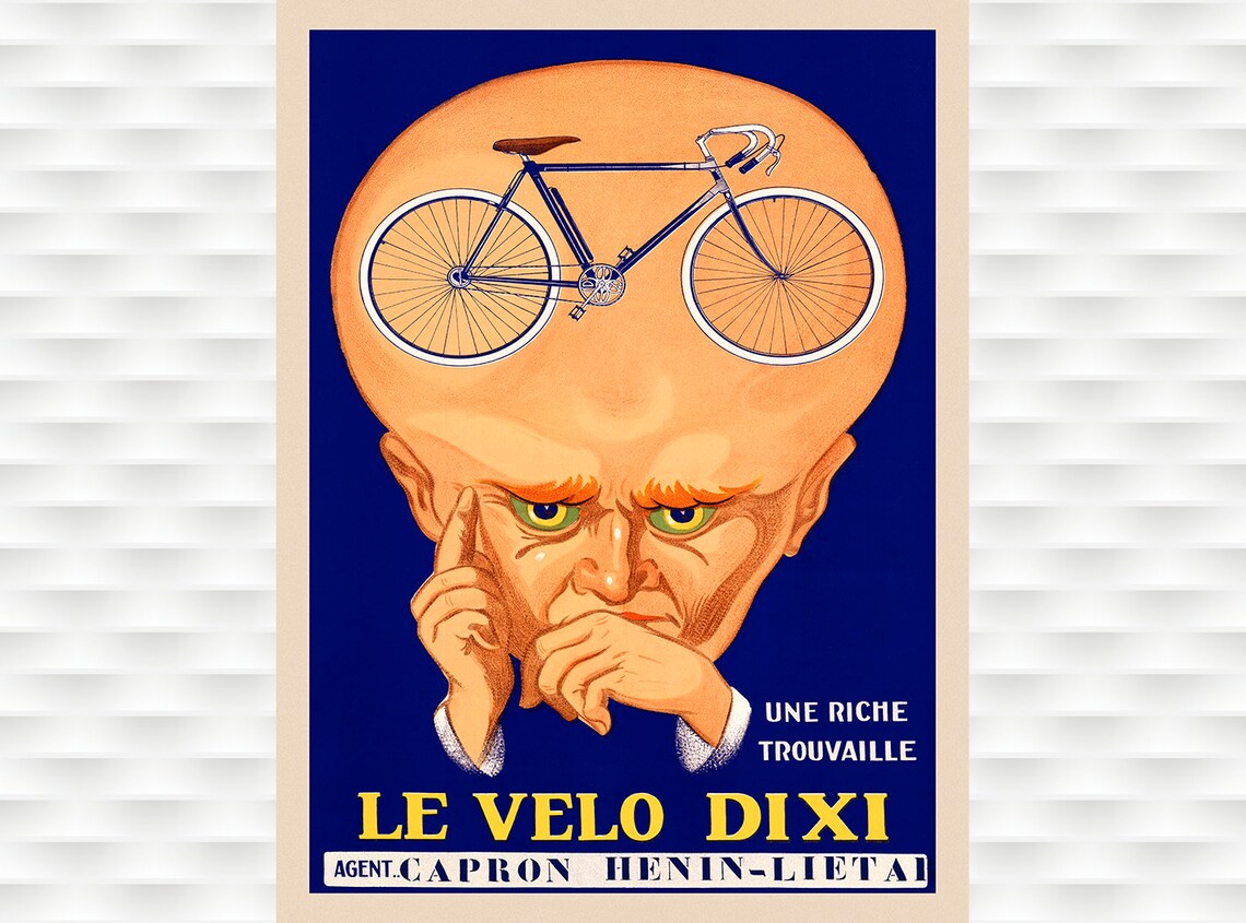 Le Velo Dixi Caricature Thinking Man Bicycle French Vintage Poster