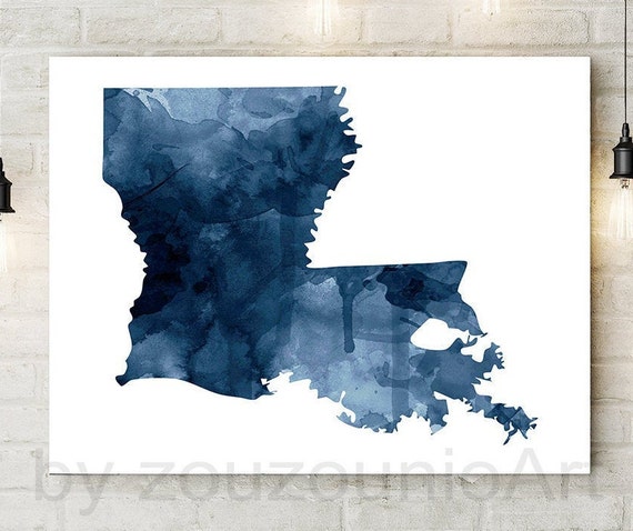 Louisiana State Map Print Silhouette Watercolor Navy Blue Modern Wall Art Usa Poster Home Office Decor