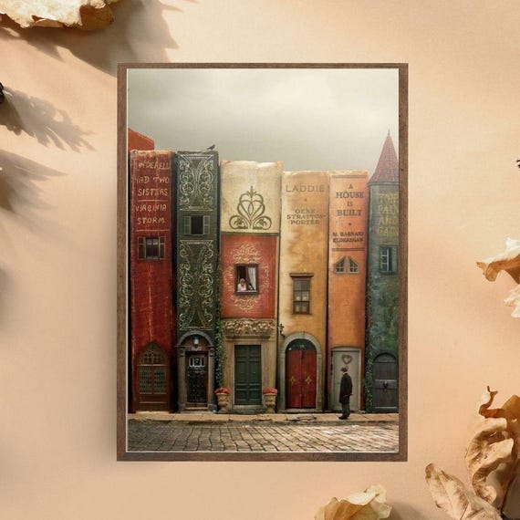 Whimsical Book Street Art Print Surreal Literary Building Illustration Book Lover Wall Art Fantasy Book Spines As Houses Decor Home Decor