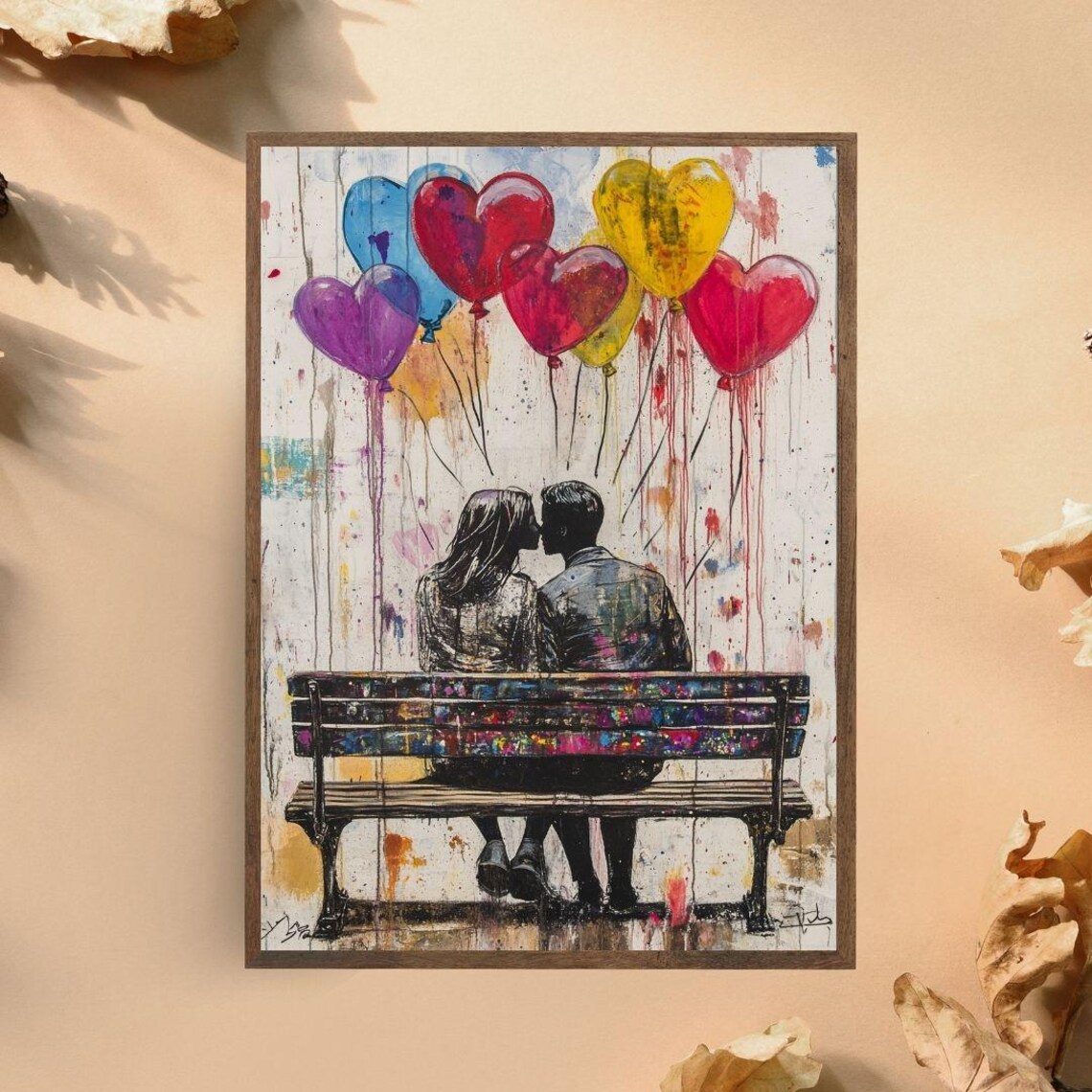 Romantic Couple Heart Balloons Bench Modern Anniversary Love Poster