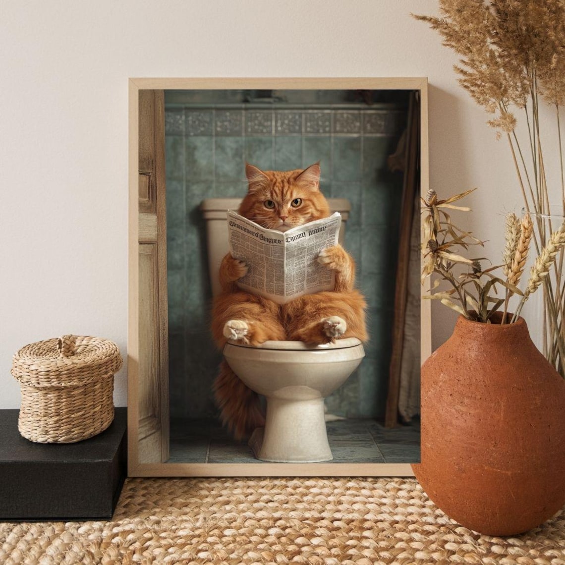 Funny Orange Cat Reading Newspaper On Toilet Humorous Bathroom Wall Poster - Image 2