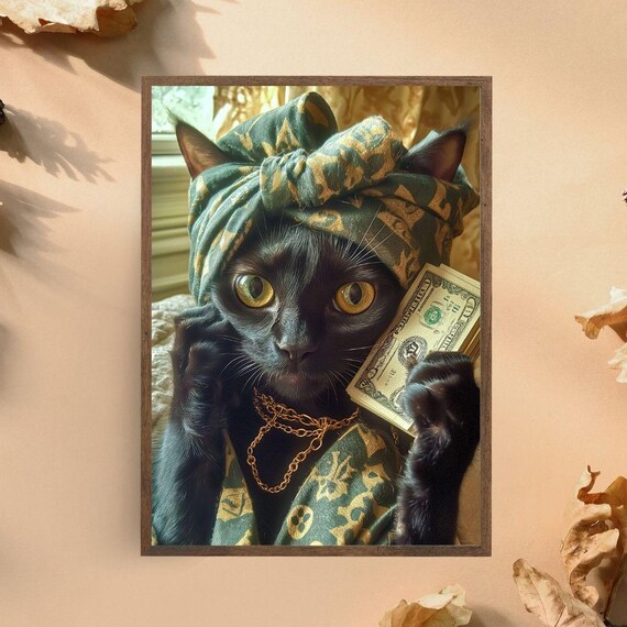 Rich Black Cat With Gold Chain Holding Dollar Bills Quirky Animal Poster