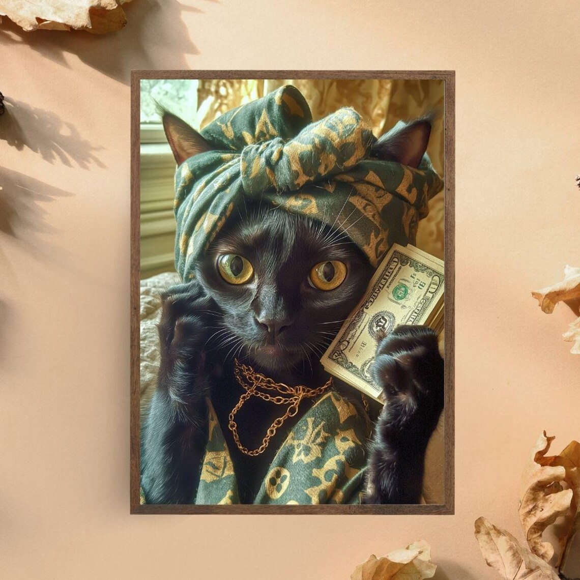 Rich Black Cat With Gold Chain Holding Dollar Bills Quirky Animal Poster