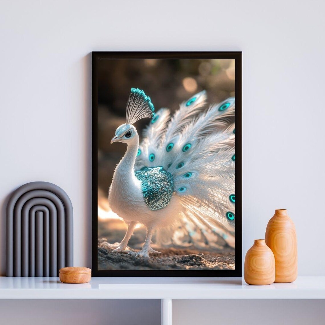 White Peacock Turquoise Feathers Elegant Bird Photography Art Poster - Image 2