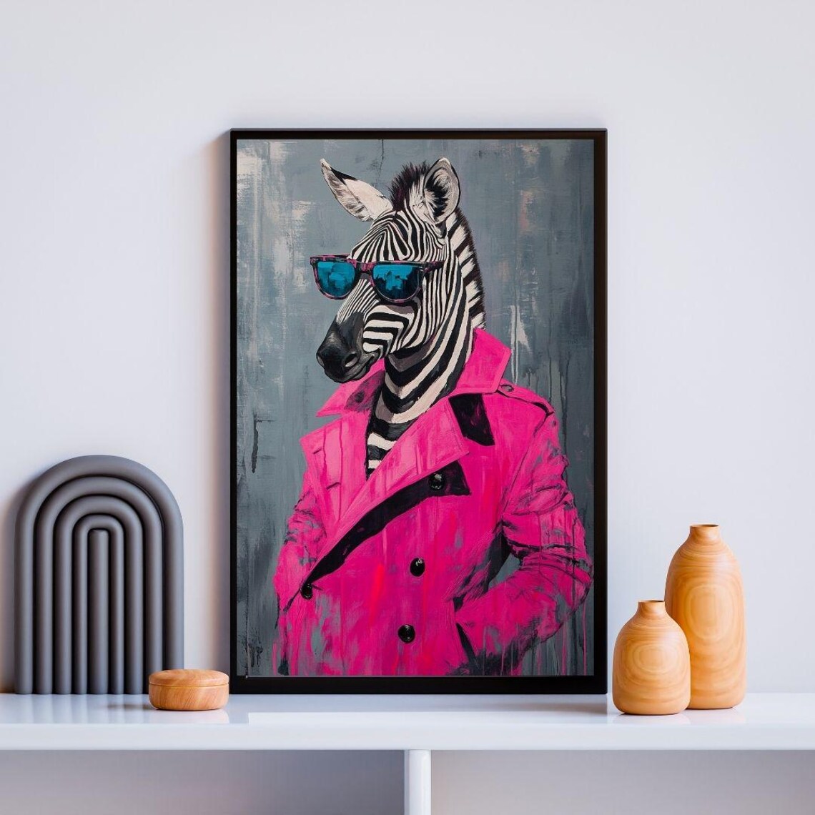 Zebra in Pink Trench Coat Sunglasses Quirky Fashion Animal Portrait Poster