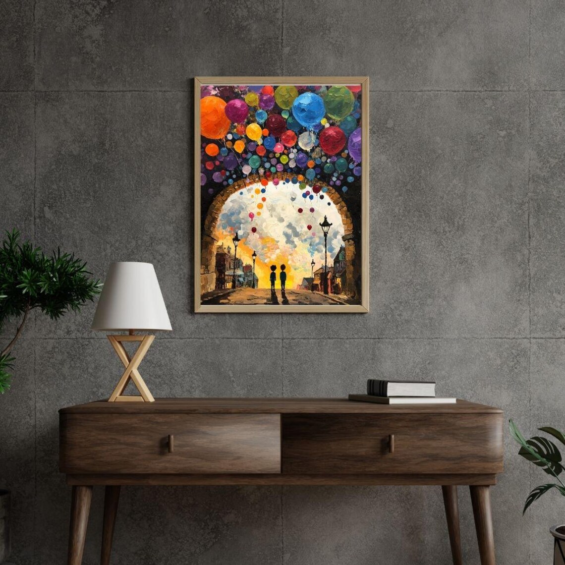 Two Kids Under Arch Colorful Balloons Sunset Street Painting Poster - Image 2