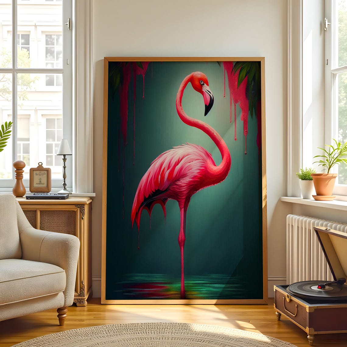 Pink Flamingo Standing Dripping Paint Teal Abstract Art Poster - Image 2