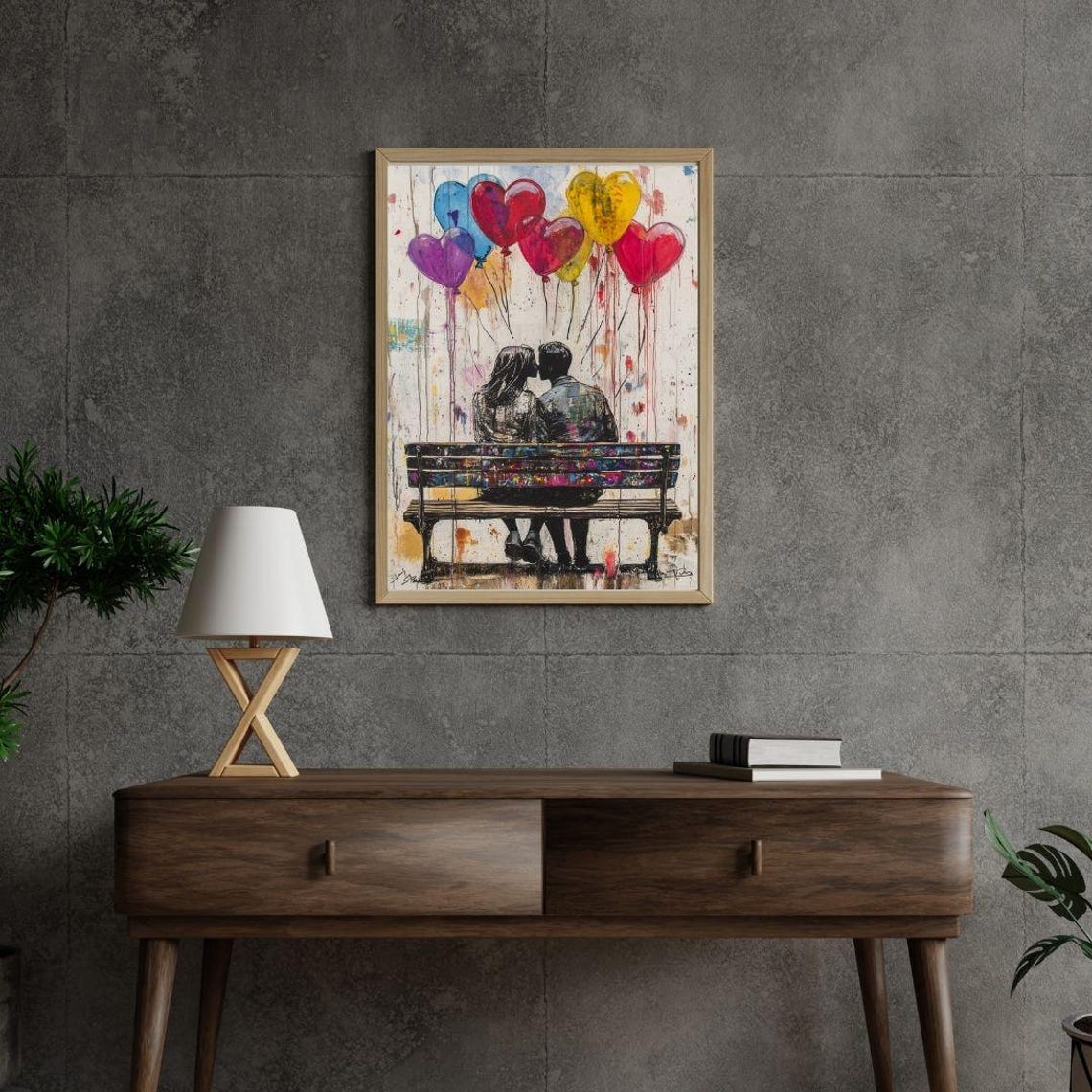 Romantic Couple Heart Balloons Bench Modern Anniversary Love Poster - Image 2
