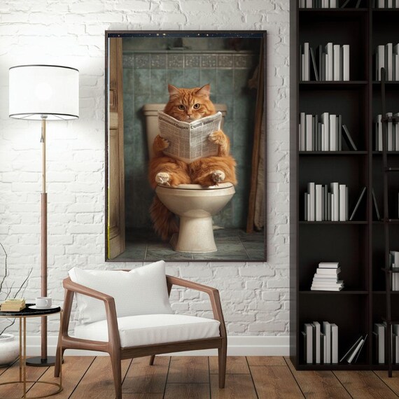 Funny Orange Cat Reading Newspaper On Toilet Humorous Bathroom Wall Poster