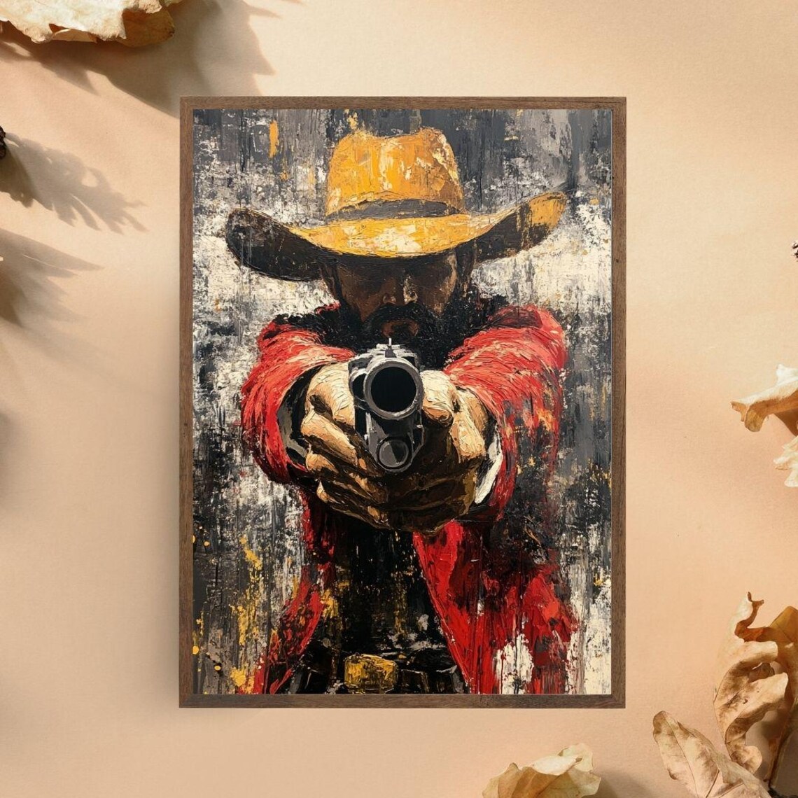 Wild West Gunman Pointing Revolver Impasto Cowboy Oil Painting Poster