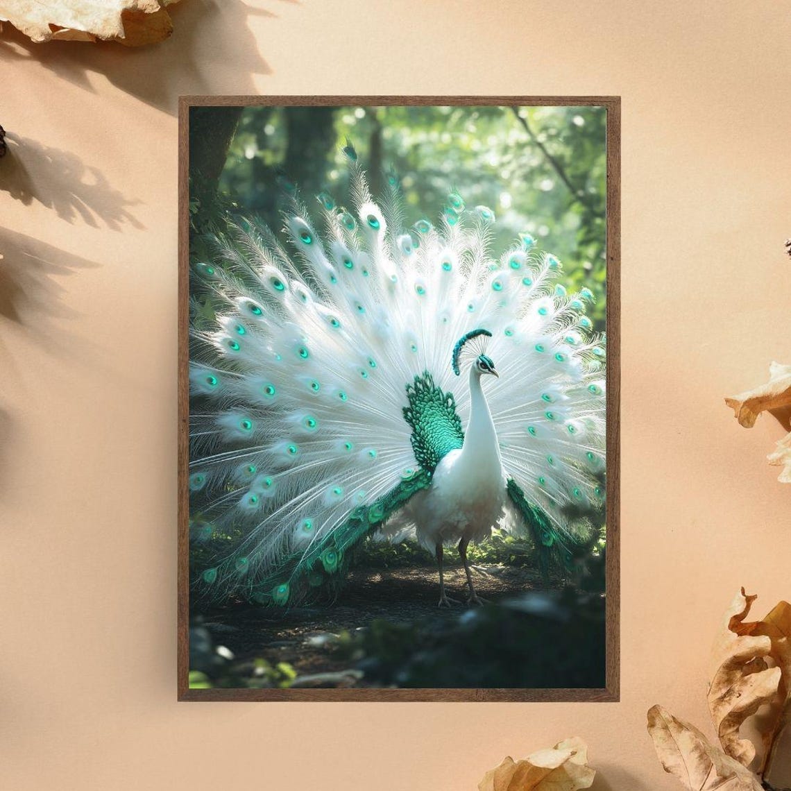 Majestic White Peacock Full Tail Green Forest Bird Art Poster