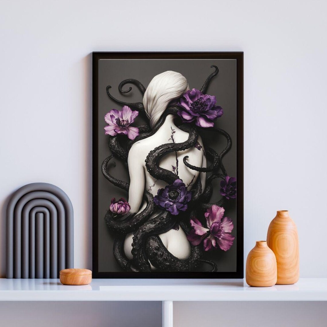 Surreal Dark Fantasy Woman Entwined In Tentacles Purple Floral Poster - Image 3