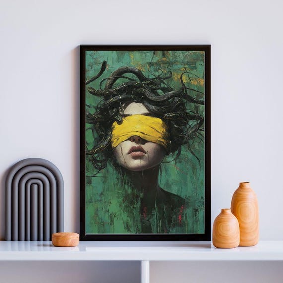 Modern Medusa Wall Art Abstract Green Print Bold Artistic Portrait With Snake Hair Mythological Home Decor