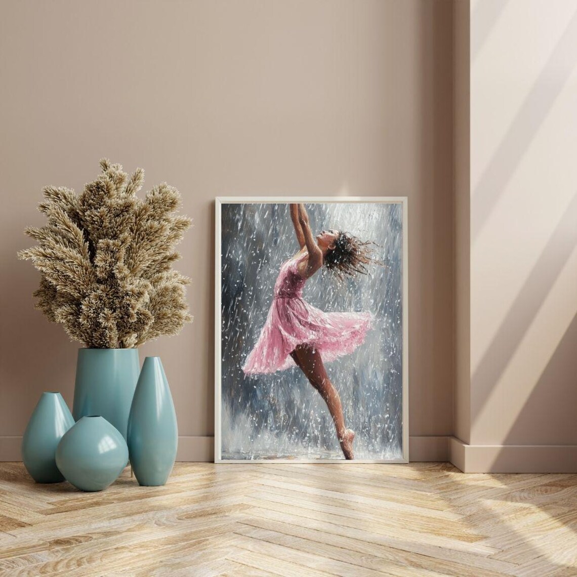 Ballerina Dancing In The Rain Pink Dress Emotional Graceful Dance Art Poster - Image 3