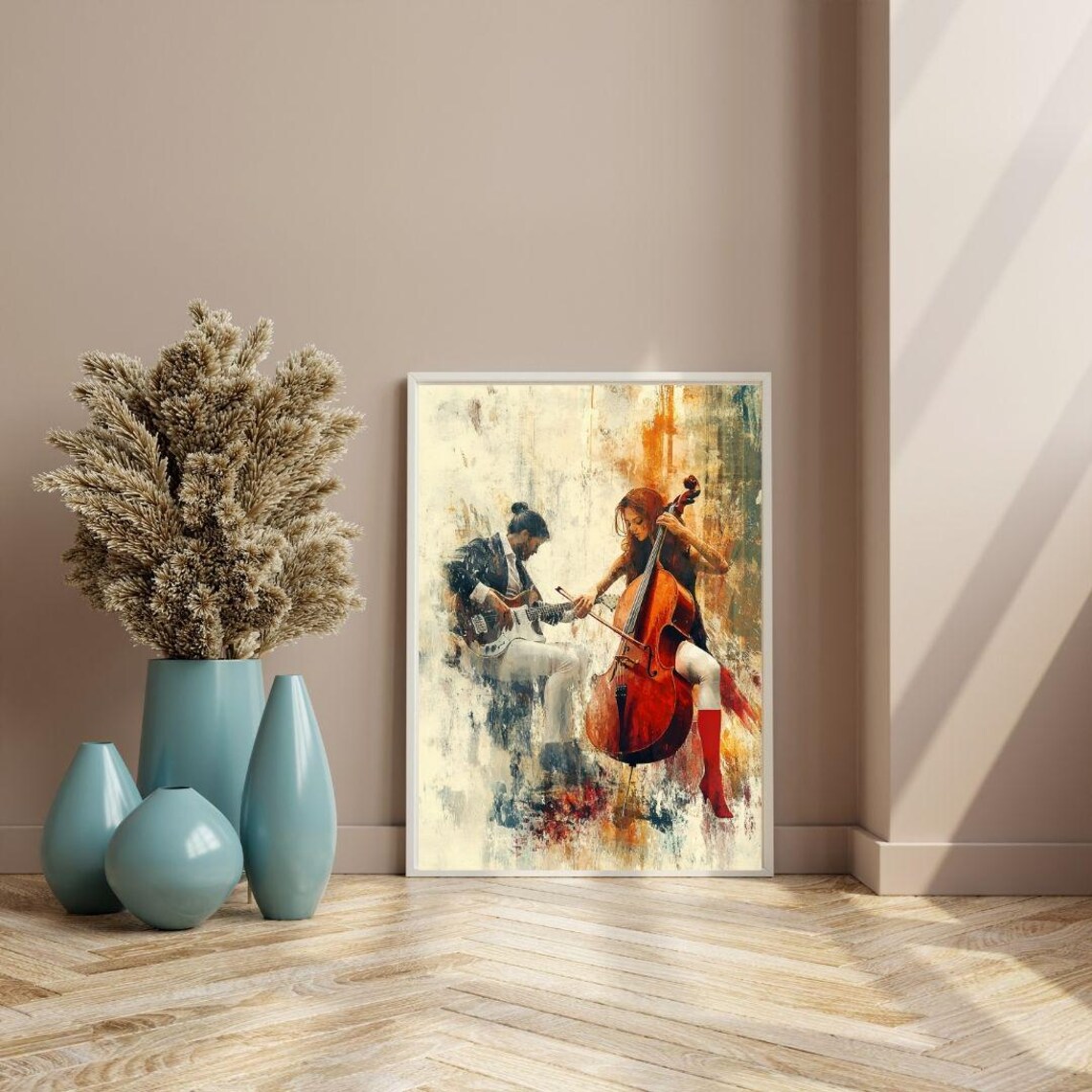 Guitarist And Cellist Duo Vibrant Musical Performance Painting Music Poster - Image 3
