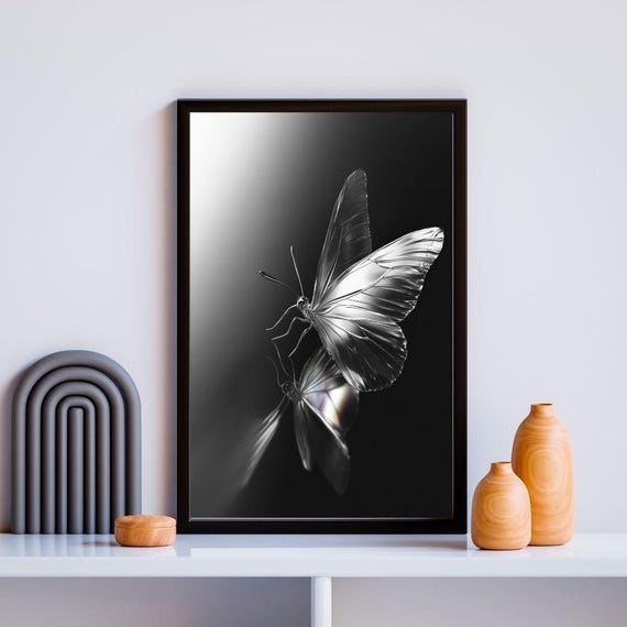 Silver Butterfly Reflection, Minimalist Wall Decor