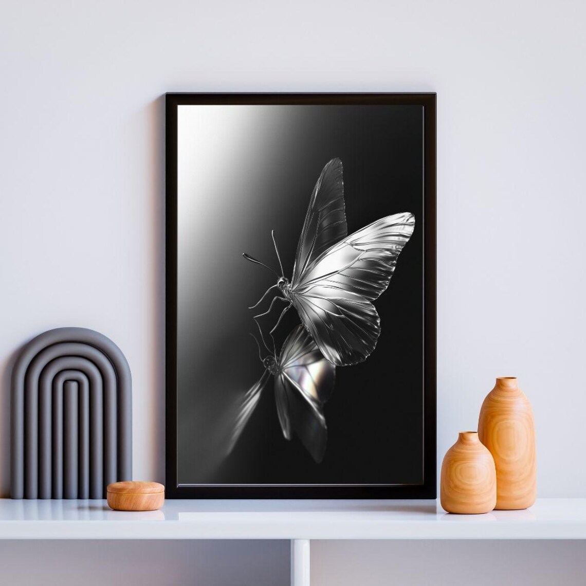 Silver Butterfly Reflection, Minimalist Wall Decor