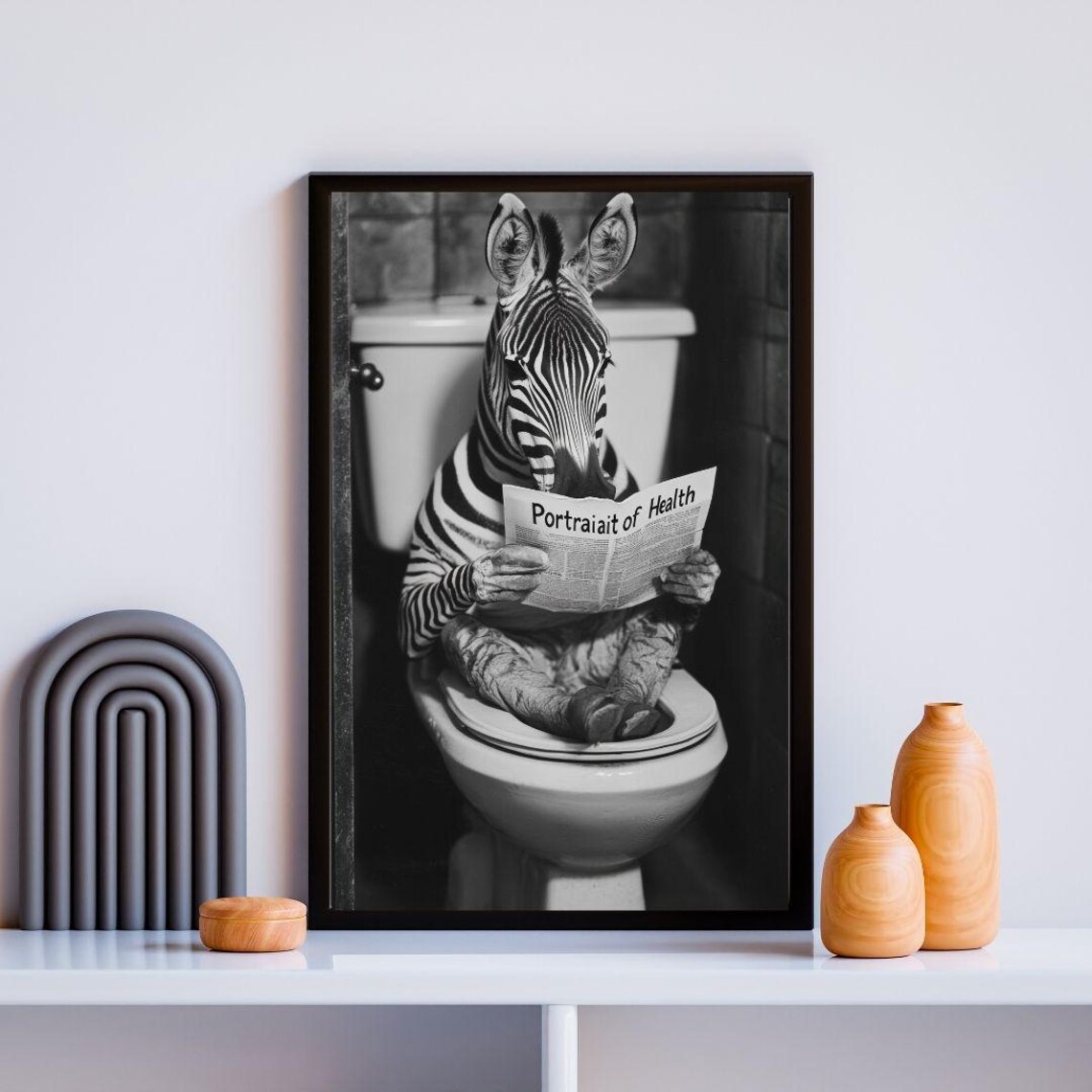 Zebra Reading Newspaper On Toilet Print Black And White Bathroom Humor Poster - Image 2