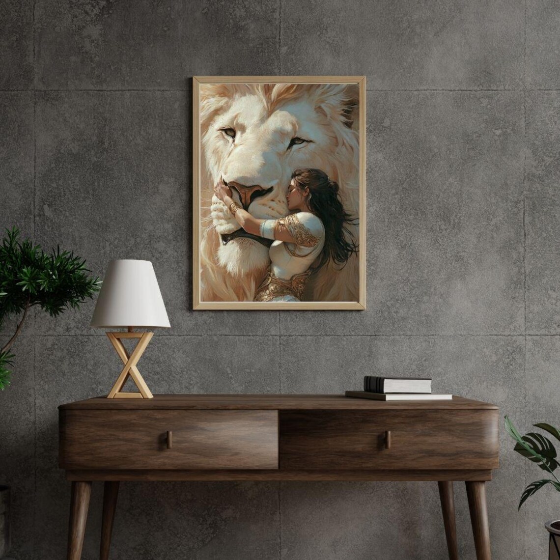 White Lion And Woman Ethereal Bond Majestic Animal Harmony Courage Art Poster - Image 2