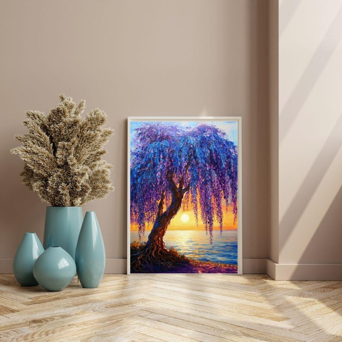 Vibrant Willow Tree Sunset Art Print Colorful Nature Landscape Painting Serene Lake And Tree Wall Decor - Image 3