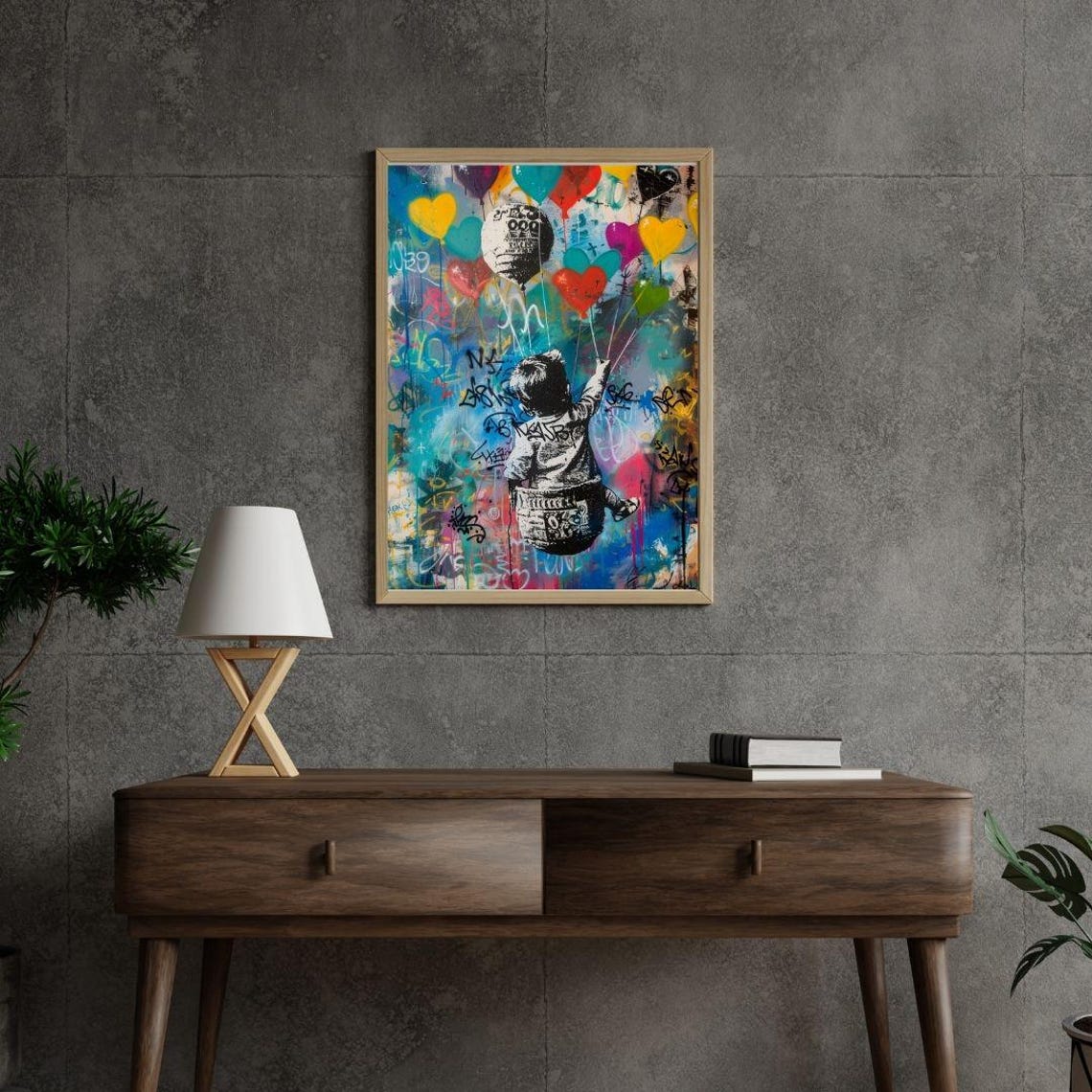 Kid With Heart Balloons Graffiti Street Art Whimsical Wall Poster - Image 3
