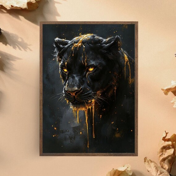 Black Panther Golden Drip Fierce Jungle Cat Portrait Bold Animal Art Poster