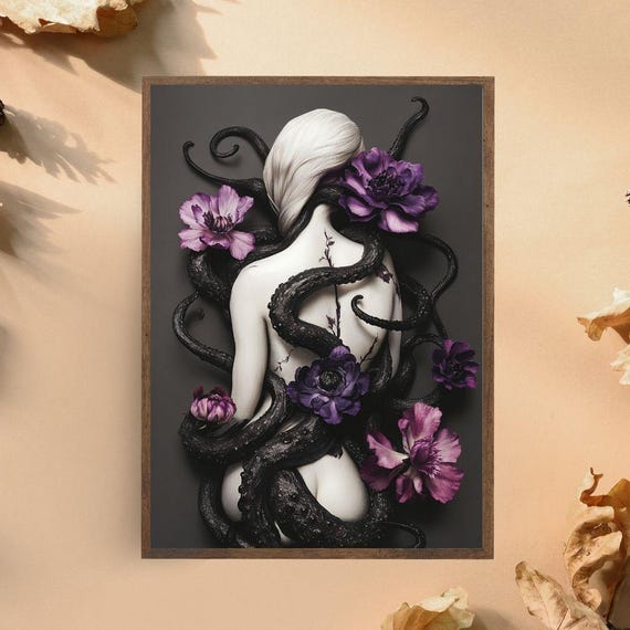Surreal Woman With Tentacles Art Print Dark Fantasy Floral Decor Ethereal And Gothic Wall Art For Unique Home Styling