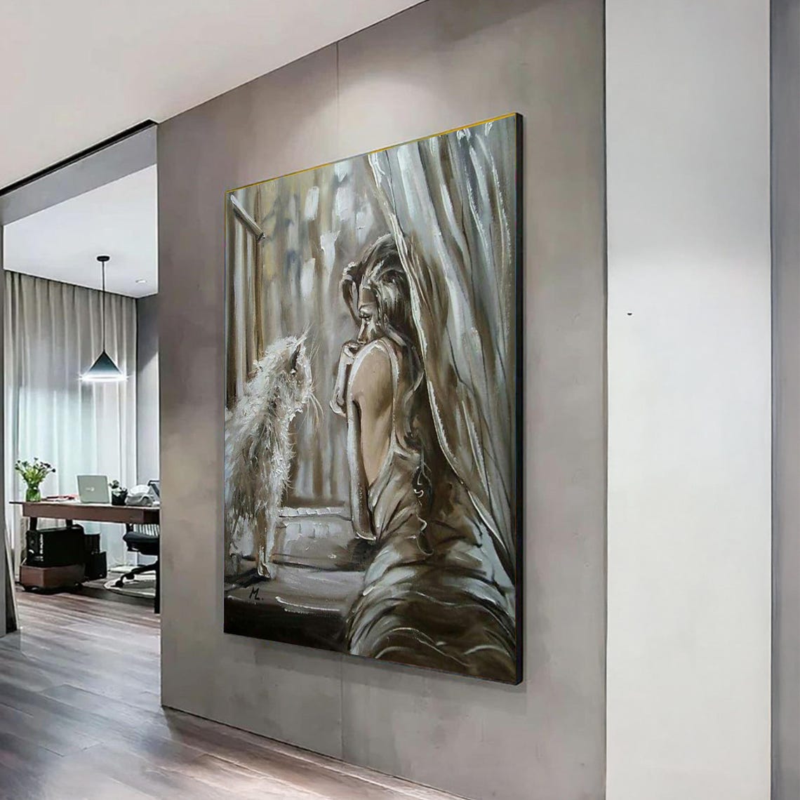 Contemplative Woman and Cat Monochrome Oil Painting Introspective Poster