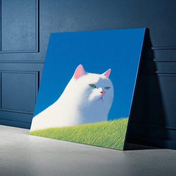Serene White Cat Canvas Minimalist Pet Wall Art Modern Animal Illustration Green Eyes Home Decoration Artwork