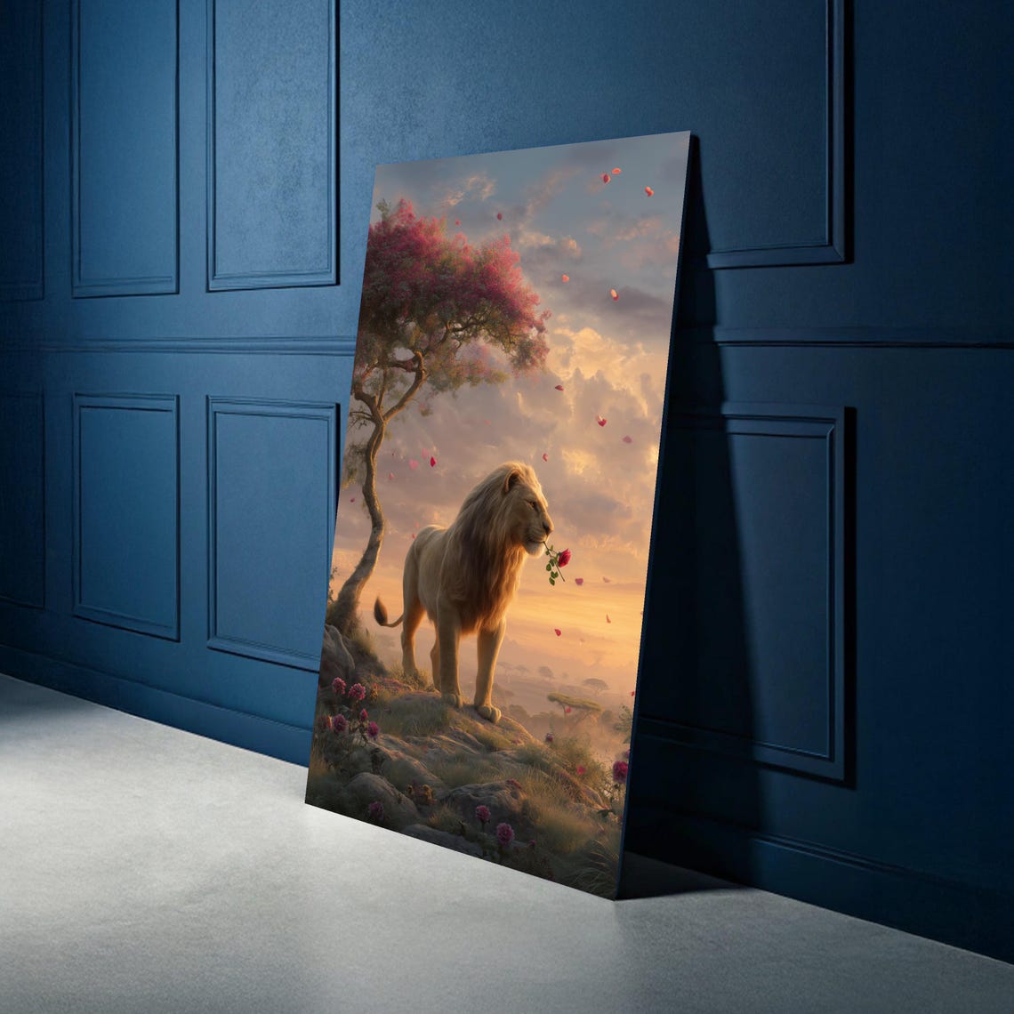 Romantic Lion Holding Rose Sunset Surreal Wildlife Canvas Wall Poster