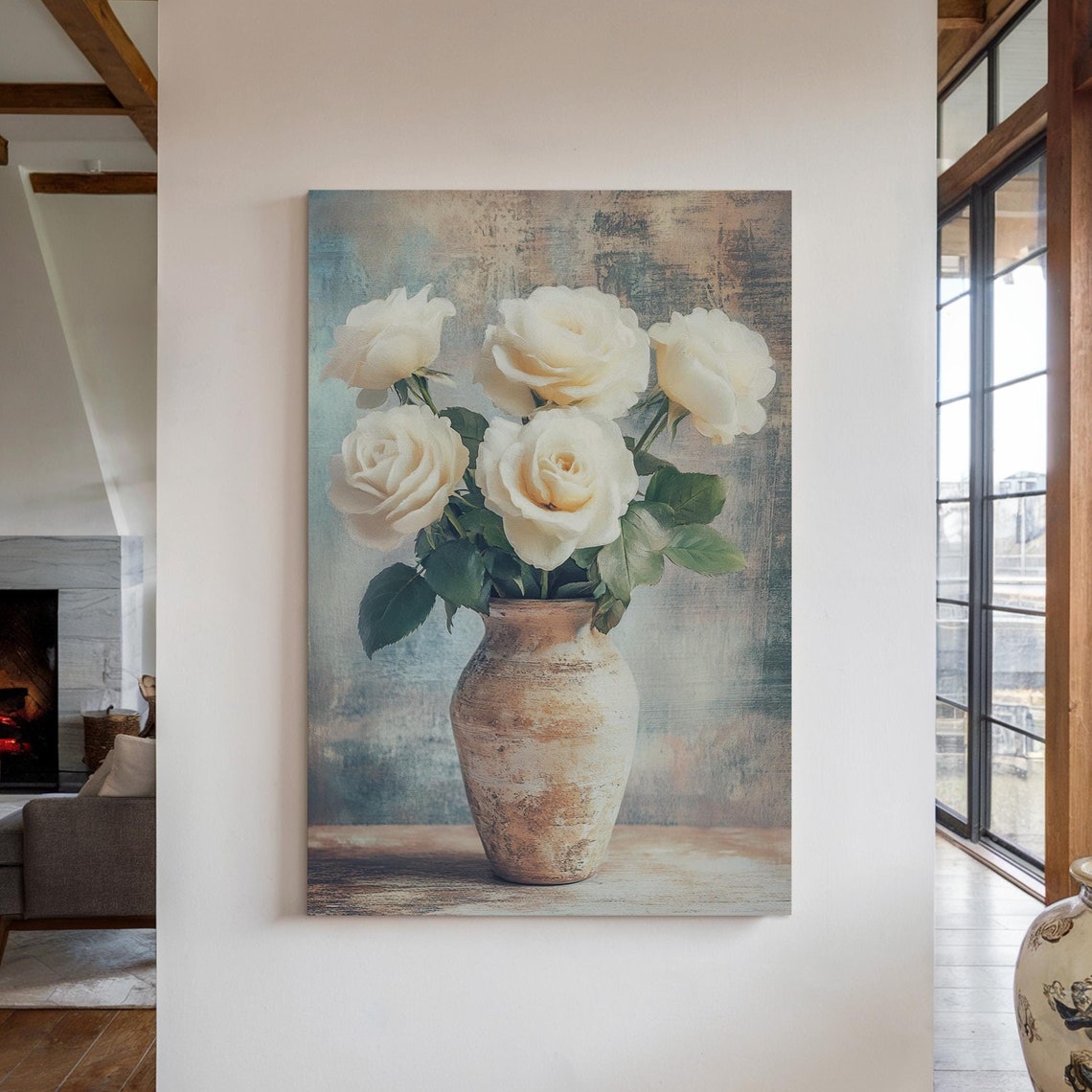 White Roses In Rustic Vase Cottagecore Floral Still Life Wall Art